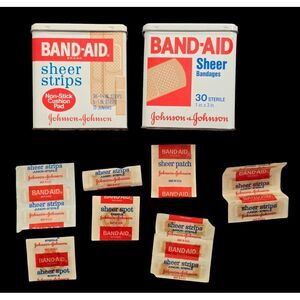 Vintage Metal Band Aid Tin Lot 2 Boxes Johnson & Johnson 1970s 1980's w/Bandaids